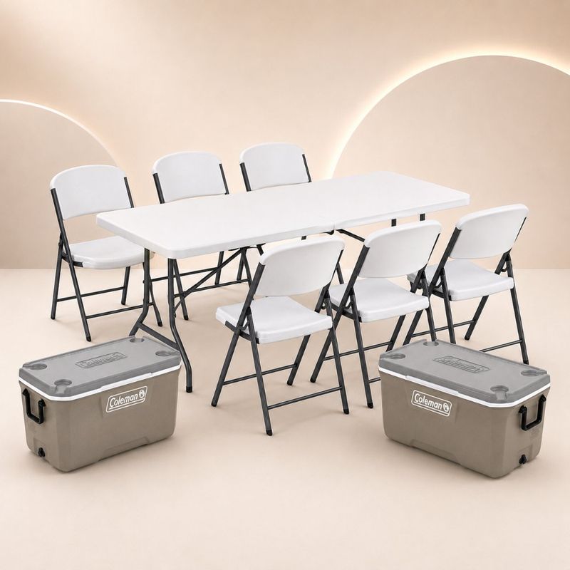 Cookout for 60 rental package: tables, chairs and two large drink coolers