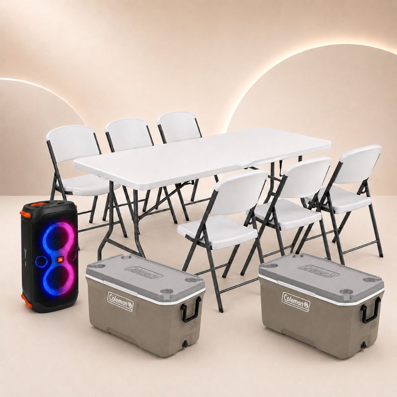 The Whole Party rental package: tables, chairs, coolers and JBL PartyBox speaker